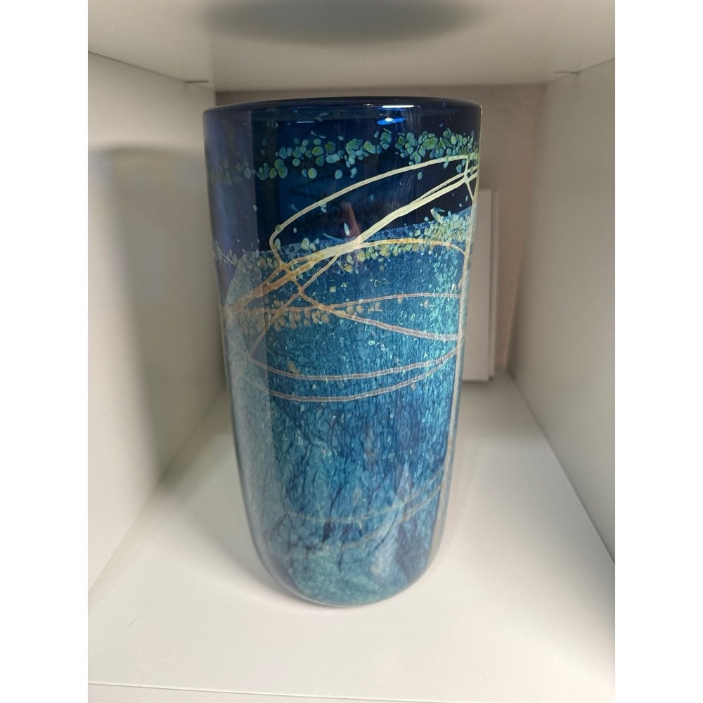 Hand Blown Art Glass Blue Cylinder Vase Signed Studio Glass